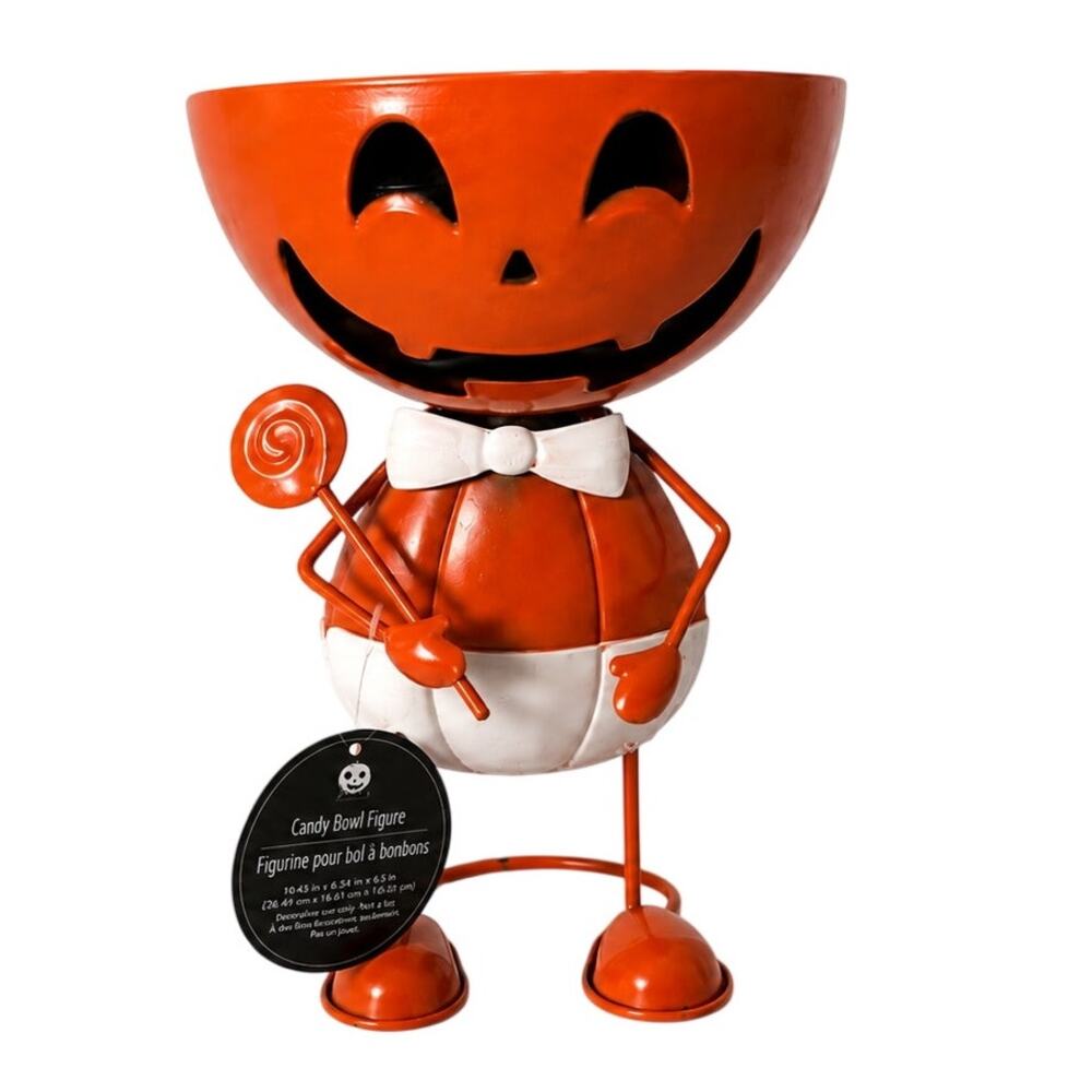 Halloween Pumpkin Candy Bowl Metal Jack O Lantern Tabletop Decor NEW